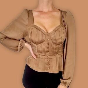 Joie Taupe Brown Satin Corset Top with Blouson Sleeves and Buttons Size Small